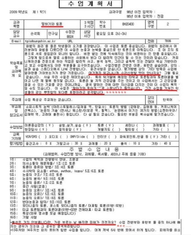 손석희 성신여대 교수 시절 전공 수업계획서 | 인스티즈