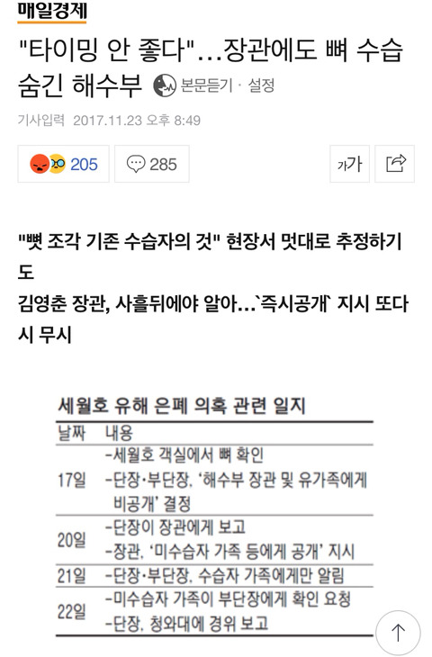 [네이버메인] ”타이밍 안 좋다” ...장관에게도 뼈 수습 숨긴 해수부 | 인스티즈