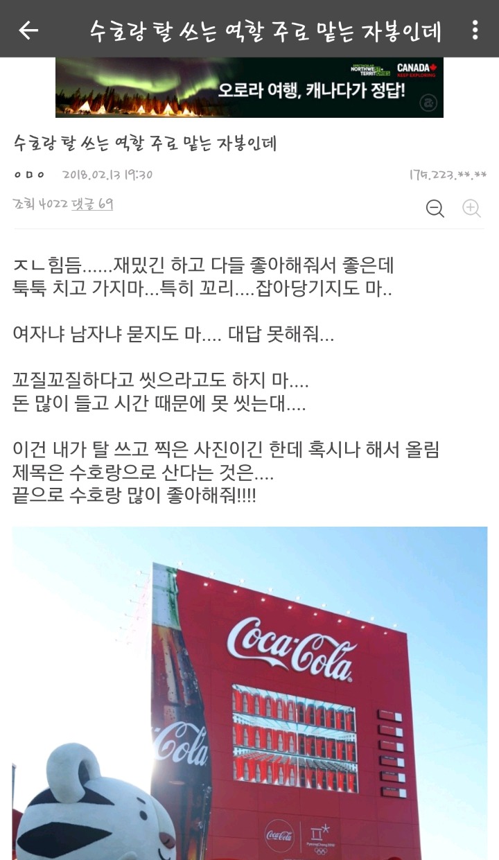 수호랑 탈 쓰고 봉사하는 자원 봉사자 | 인스티즈