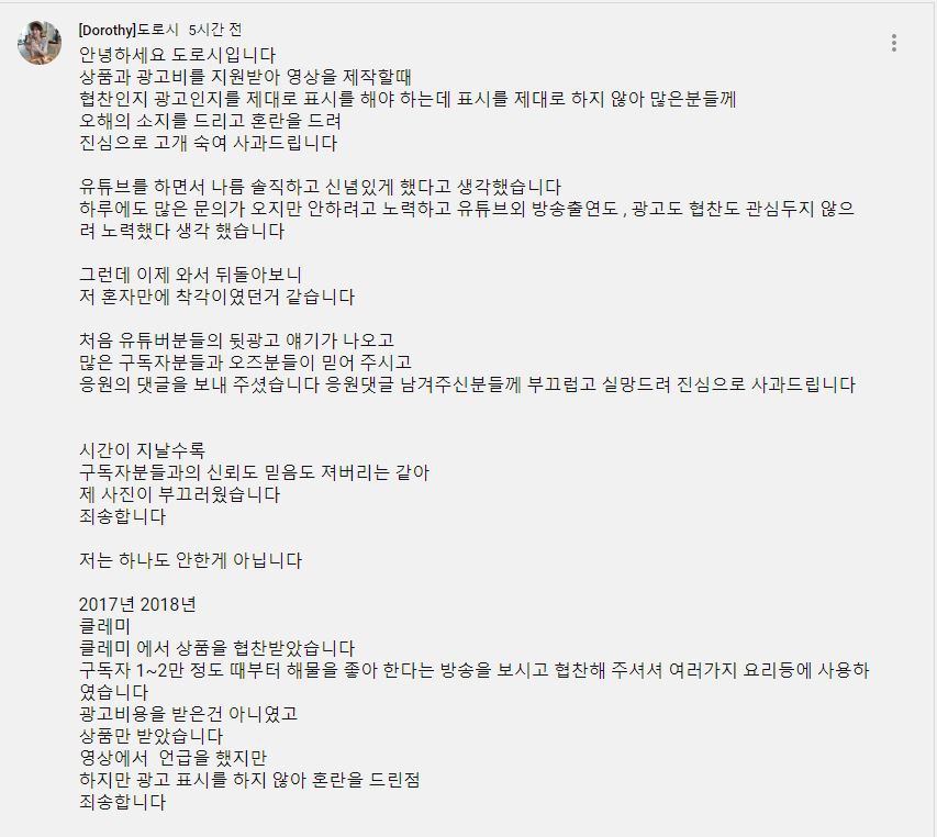 구독자 400만 먹방 유튜버 도로시 사과문 게재 | 인스티즈